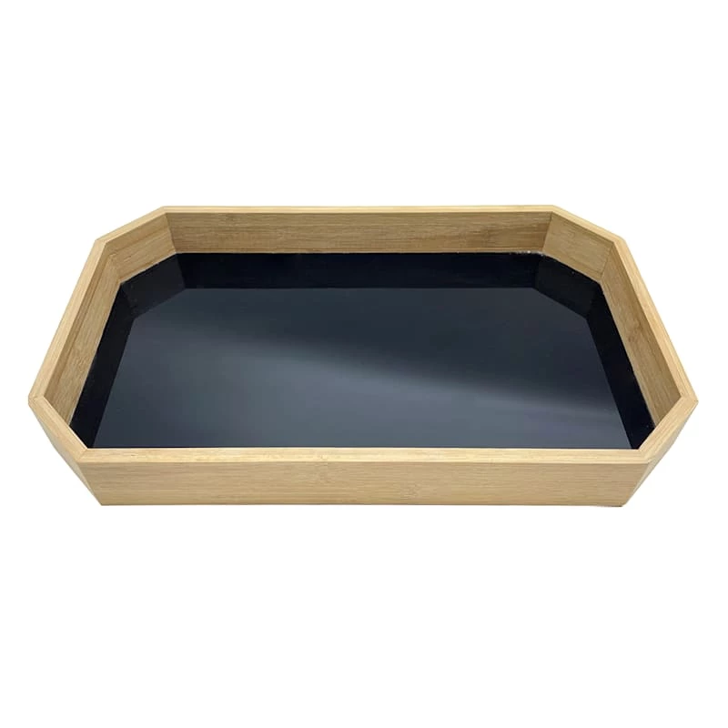 14In Black Glass And Wood Tray 3 14In Black Glass And Wood Tray