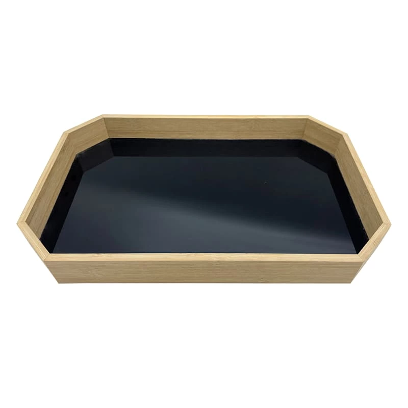 16In Black Glass And Wood Tray 3 16In Black Glass And Wood Tray