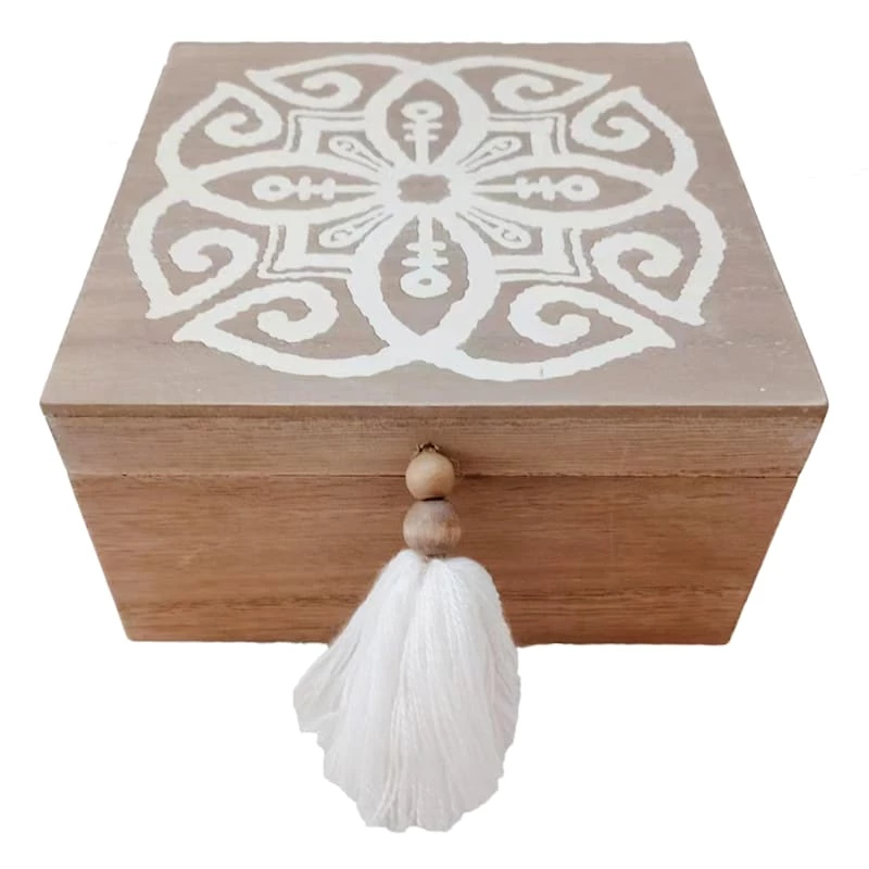 Decorative Wood Box With Tassels, 7X6 3 Decorative Wood Box With Tassels, 7X6