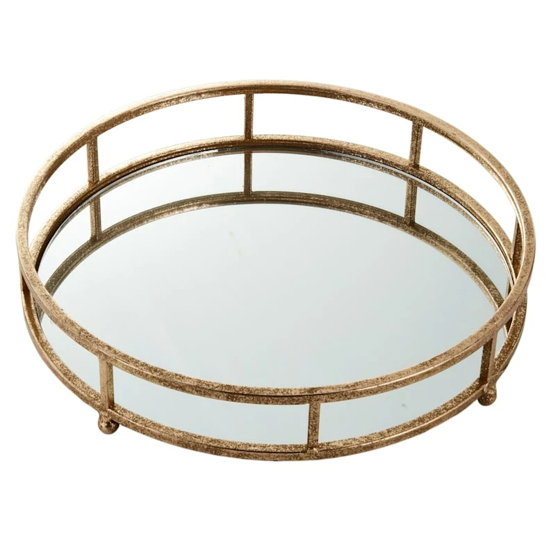 Gold Mirrored Round Metal Tray, 14" 3 Gold Mirrored Round Metal Tray, 14"