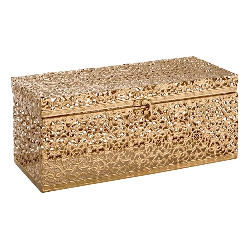 Gold Punched Metal Decorative Box, 12x5 3 Gold Punched Metal Decorative Box, 12x5