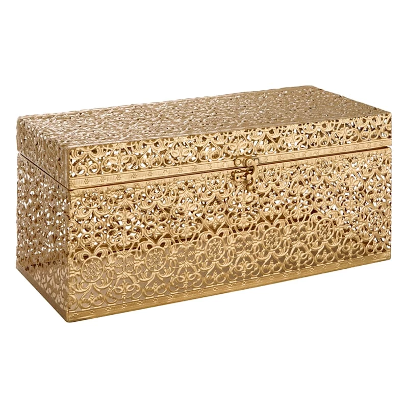 Gold Punched Metal Decorative Box, 14x6 3 Gold Punched Metal Decorative Box, 14x6