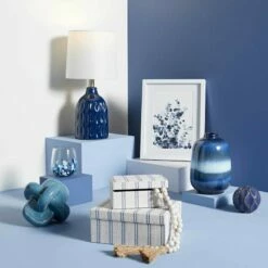 Honeybloom Ivory & Blue Striped Decorative Box, 6x5 -Home Decoration Sales Shop honeybloom ivory blue striped decorative box 6x5 6