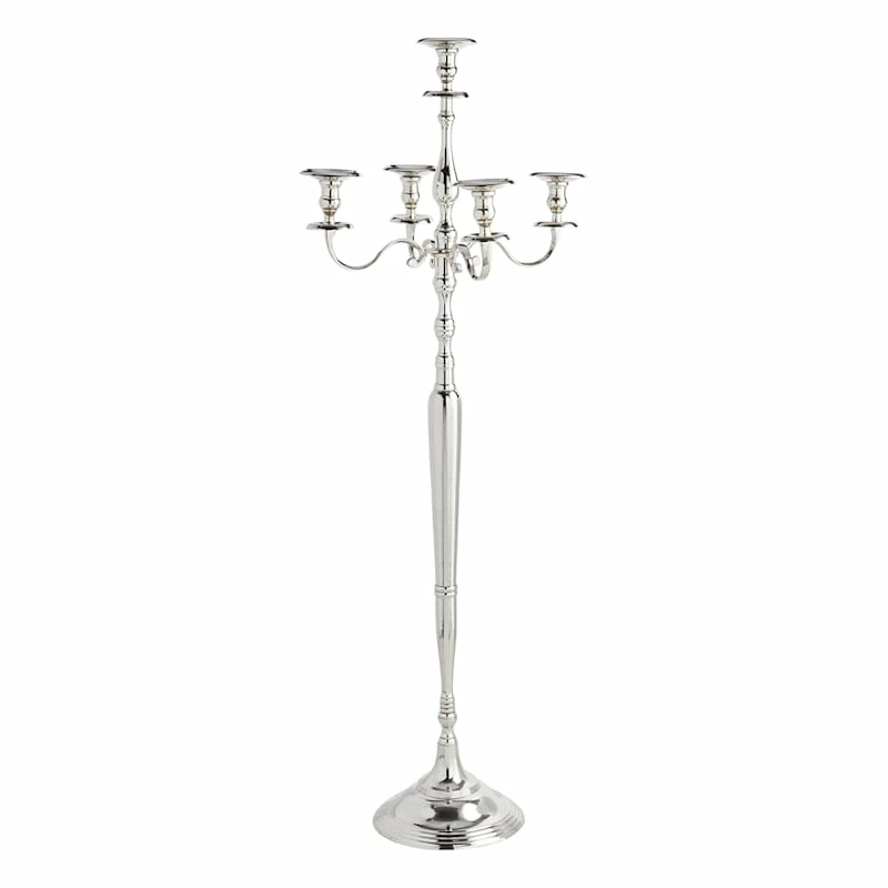 Oversized Metallic Silver 5-Arm Candelabra, 59" 3 Oversized Metallic Silver 5-Arm Candelabra, 59"