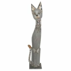 Oversized Whitewashed Embellished Cat Decor, 39"
