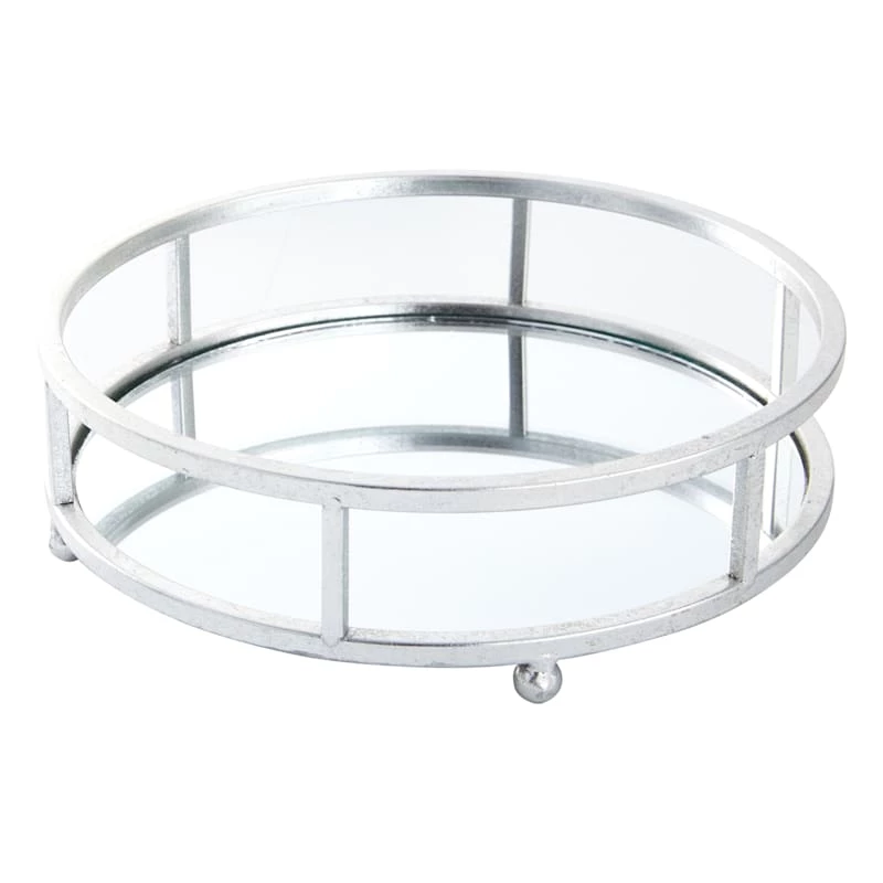 Silver Metal Tray With Mirror, 10" 3 Silver Metal Tray With Mirror, 10"