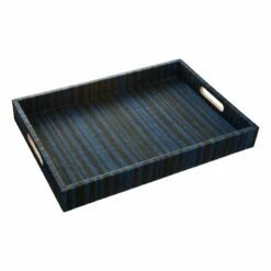Tracey Boyd Black & Blue Striped Seagrass Woven Tray, 15x20