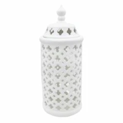 White Ceramic Cutout Cylinder, 15"