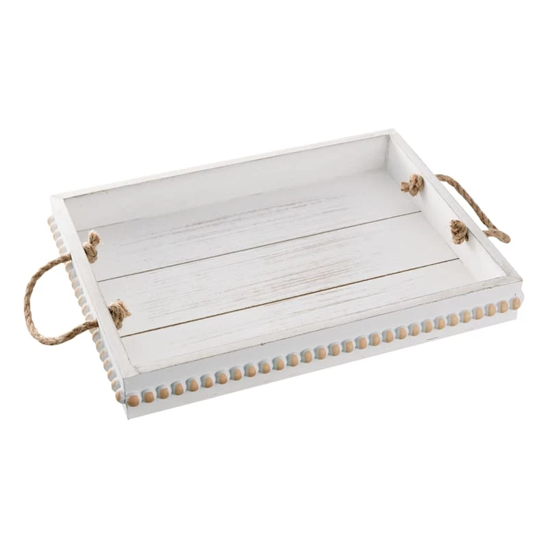 White Faux Wood Decorative Tray With Rope Handles, 16x13 3 White Faux Wood Decorative Tray With Rope Handles, 16x13