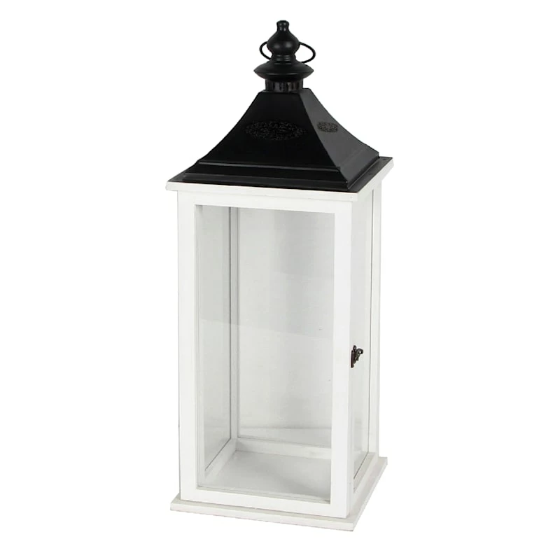 White Metal & Wood Lantern, 29" 3 White Metal & Wood Lantern, 29"