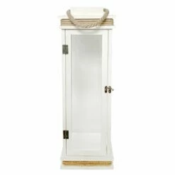 White Wooden Lantern With Rope Handle, 24"